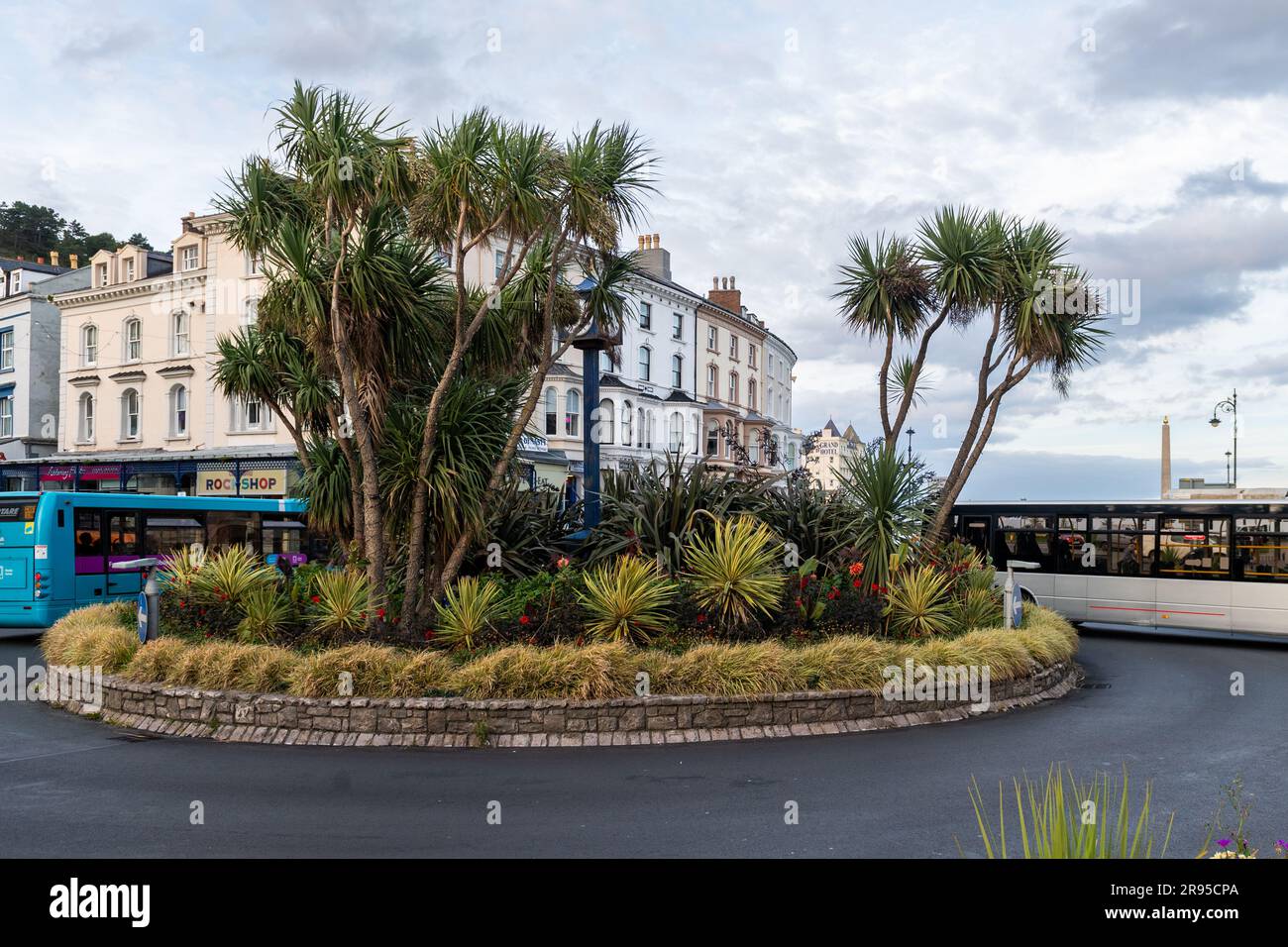 Busse fahren um den Blumenkreisverkehr im Zentrum des viktorianischen Badeorts Llandudno, North Wales, Großbritannien. Stockfoto