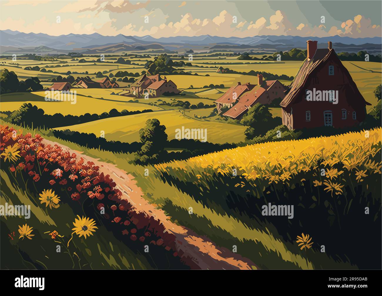 Wunderschöne Landschaft eines Landschaftsdorfes mit Blumen, Reisfeldern, Hausfrau Stock Vektor