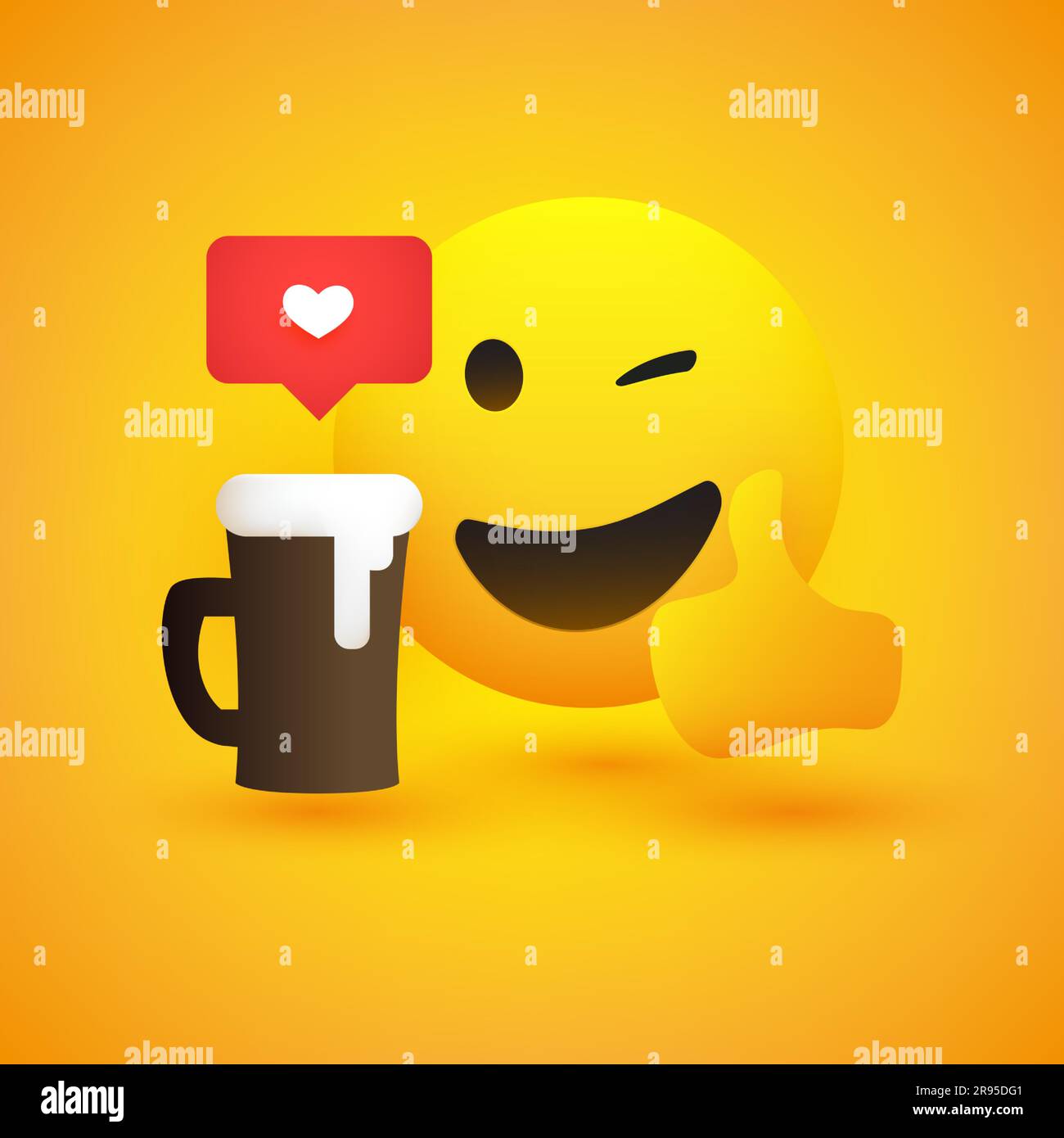 „Lächeln und Winken“-Emoji mit „Daumen nach oben“ – einfaches, glänzendes „Happy Emoticon“ mit Bierbecher und Sprechblase auf gelbem Hintergrund – Vektordesign Stock Vektor