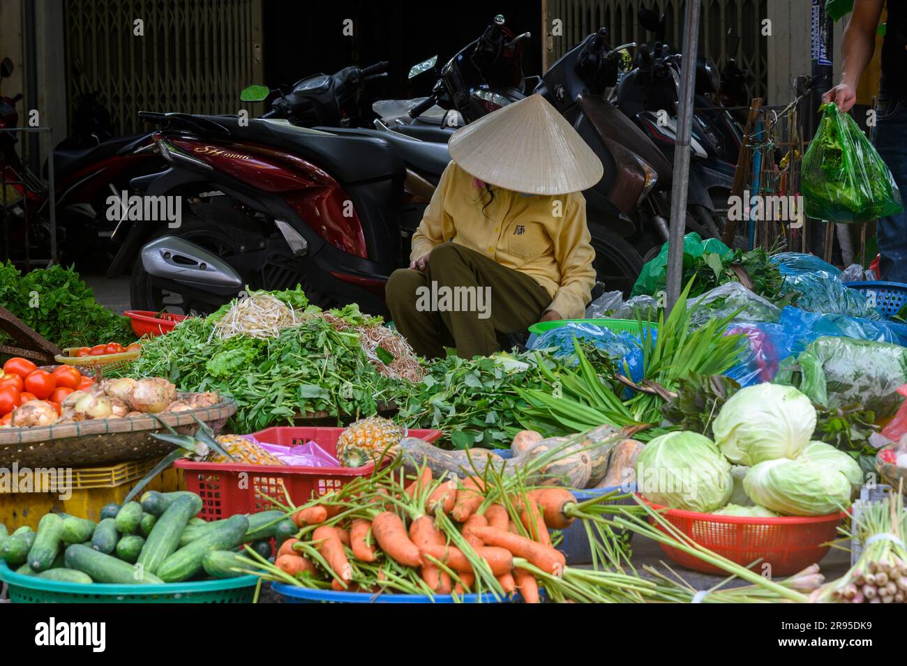 Ein Verkäufer sitzt an einem Behelfsstand im Freien mit Obst, Gemüse und Kräutern auf dem Hoi an Markt in der Altstadt von Hoi an, Vietnam. Stockfoto