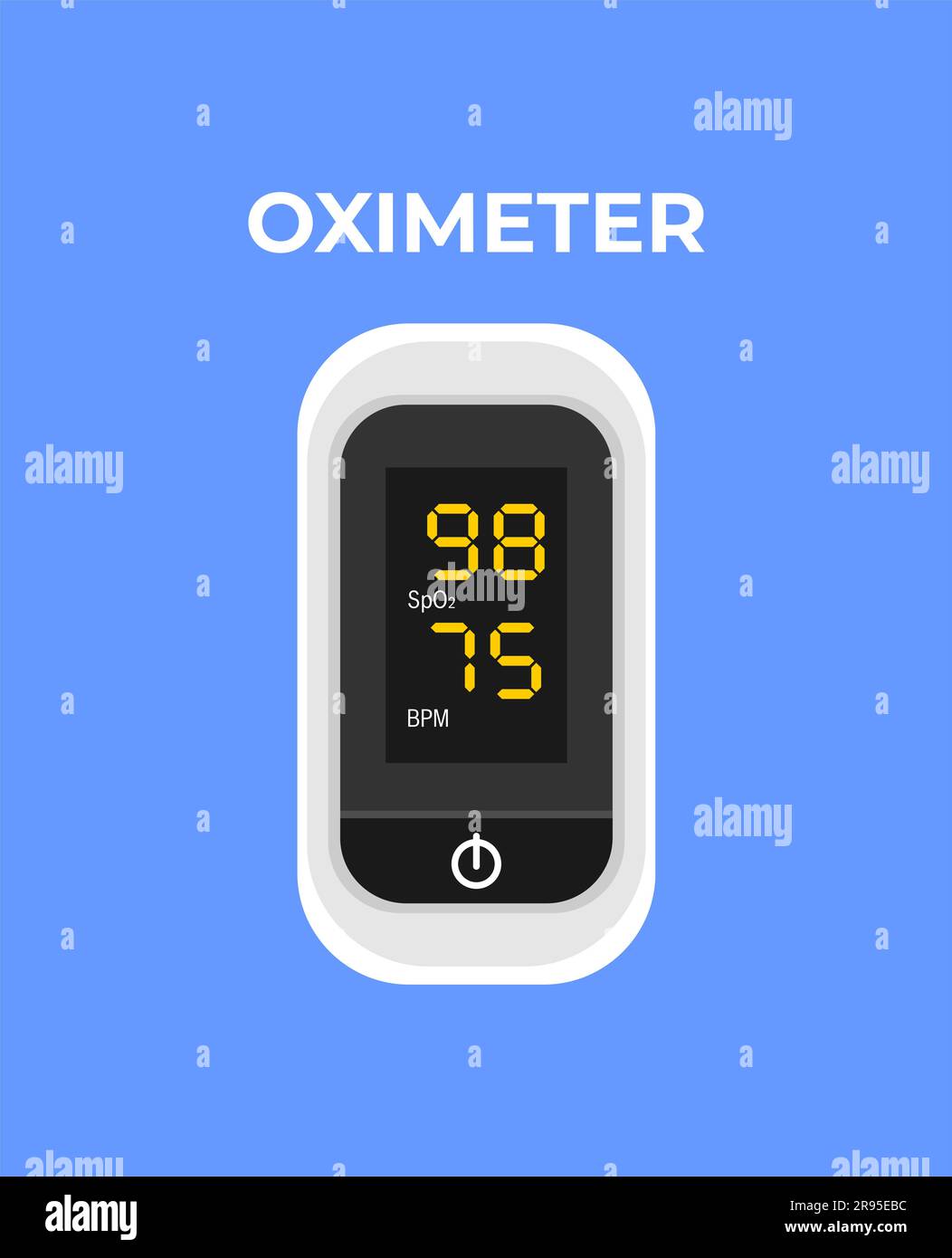 Weißes Pulsoxymeter auf blauem Hintergrund. Medizinisches Gerät zur Messung der Sauerstoffsättigung und Pulsfrequenz im Blut. Abbildung eines flachen Vektors Stock Vektor