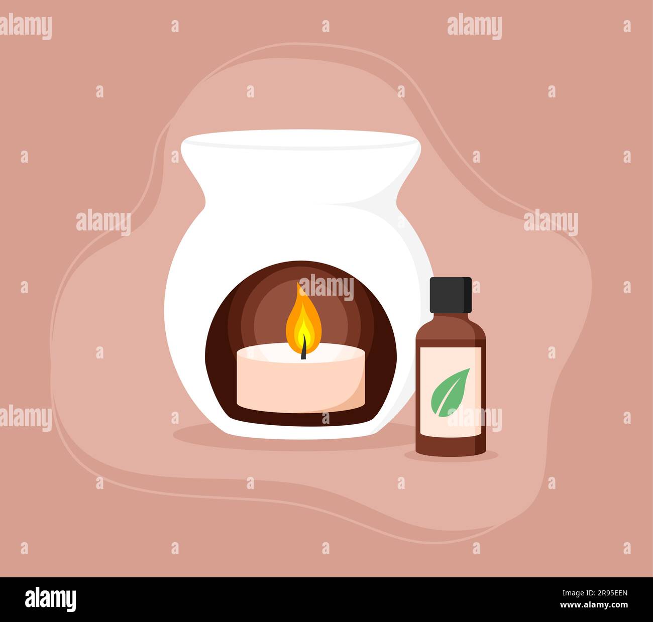 Weiße keramische Aroma-Lampe mit brennender Kerze im Inneren und einer Flasche ätherisches Öl. Abbildung eines flachen Vektors Stock Vektor