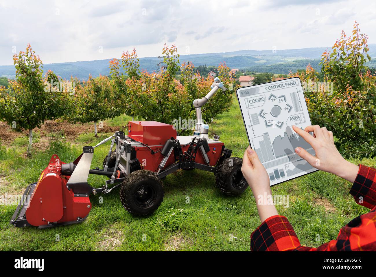 Der Bauer steuert den autonomen Roboter in einem Obstgarten. Konzept der intelligenten Landwirtschaft. Stockfoto