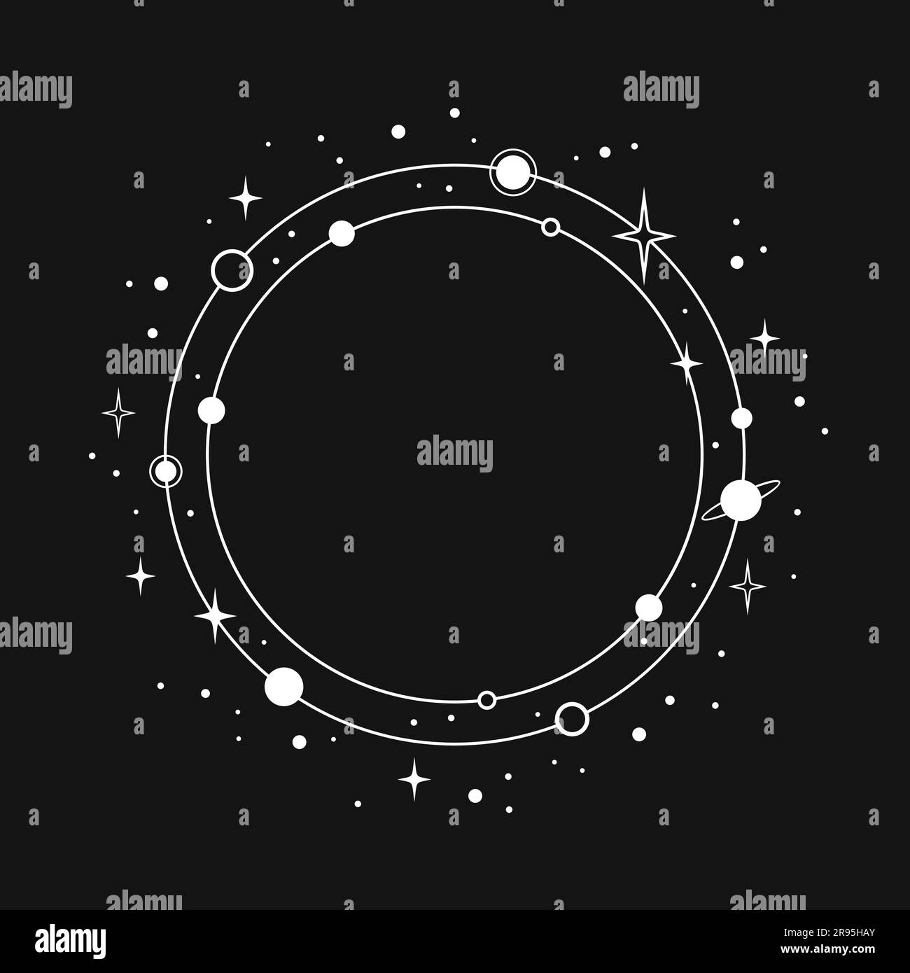 Weißer runder Rahmen mit Orbits, Planeten und Sternen auf schwarzem Hintergrund. Vektordarstellung Stock Vektor