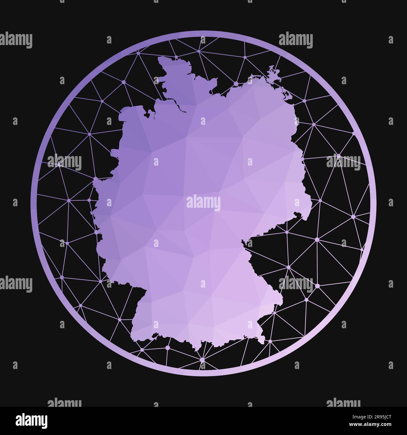 Symbol für Deutschland. Polygonale Vektorkarte des Landes. Deutschlands Ikone im geometrischen Stil. Die Landkarte mit violettem, niedrigem mehrfarbigen Verlauf auf dunklem Hintergrund. Stock Vektor