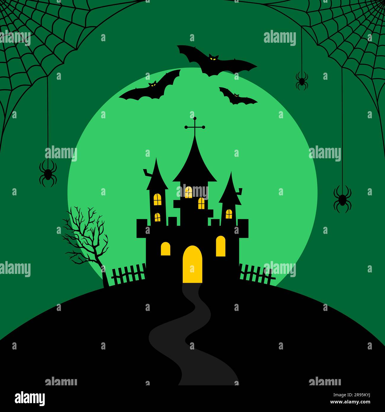 Schwarze Silhouetten des Schlosses, Fledermäuse und Spinnen auf Spinnennetz auf grünem Hintergrund mit Vollmond. Flache Halloween-Illustration Stock Vektor