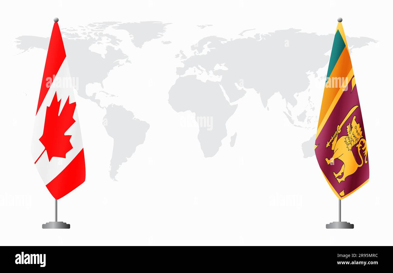 Flaggen Kanadas und Sri Lankas für offizielle Treffen vor dem Hintergrund der Weltkarte. Stock Vektor