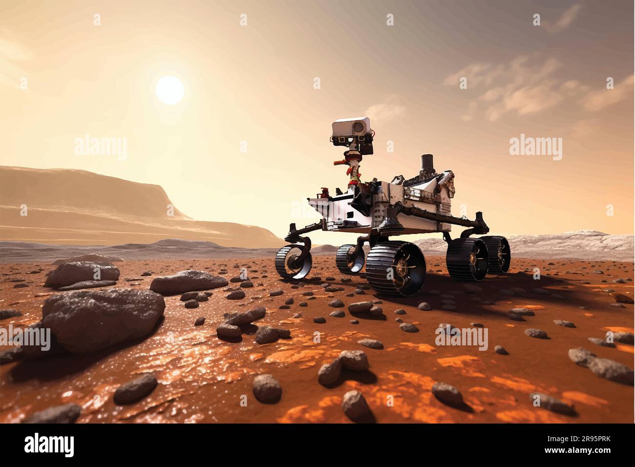 vektordarstellung von Beharrlichkeit Rover erforscht die Oberfläche des Mars Beharrlichkeit Rover Mission Mars Erkundung des roten Planeten Weltraumforschung Stock Vektor