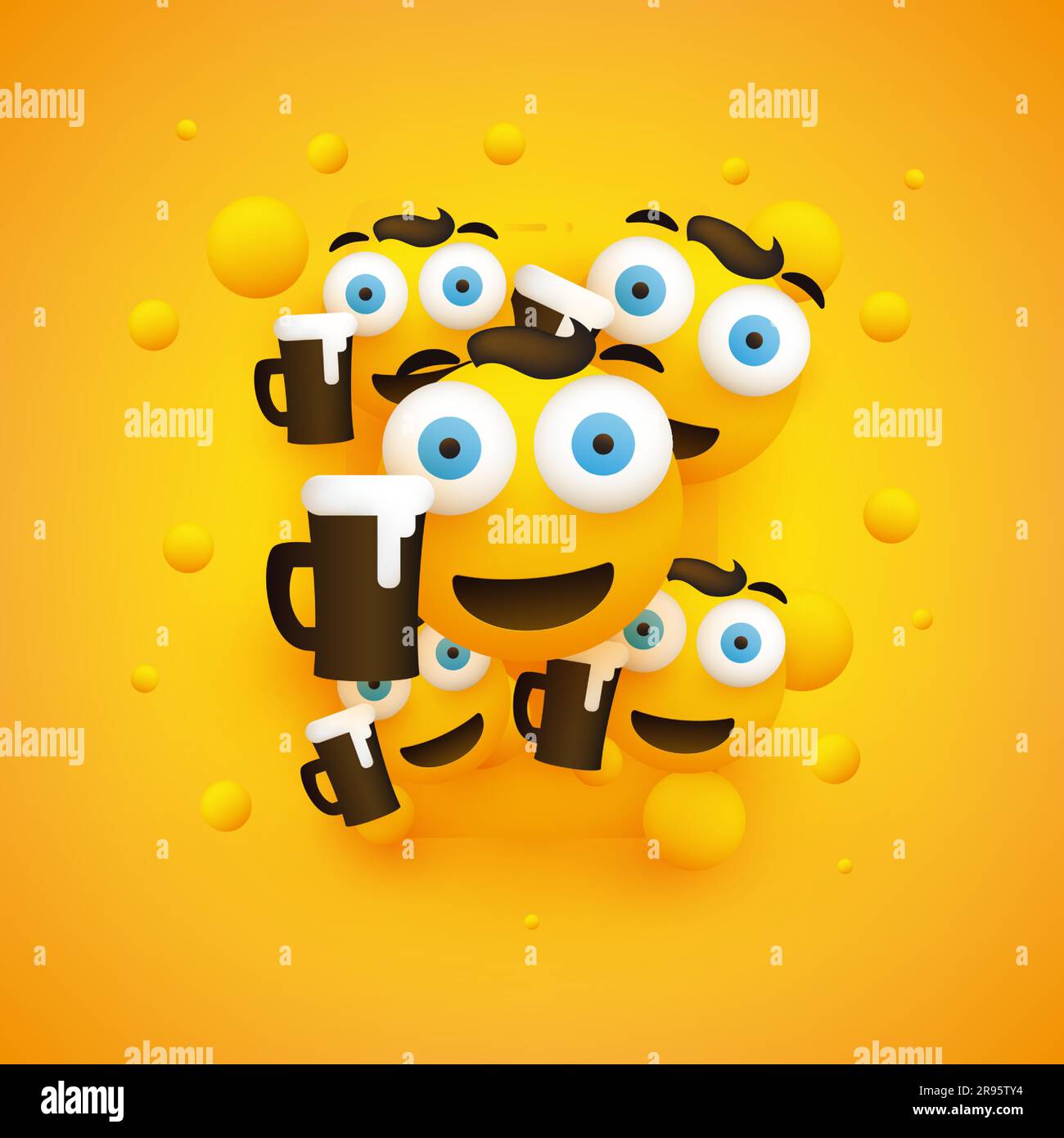 Jede Menge lächelnder Emoji vor einem Smartphone - Simple Happy Emoticons mit ausklappbaren Augen und einem Glas Bier auf gelbem Hintergrund - Vector Design Stock Vektor