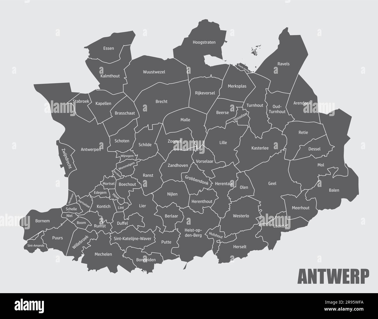 Antwerpener Verwaltungskarte isoliert auf grauem Hintergrund, Belgien Stock Vektor