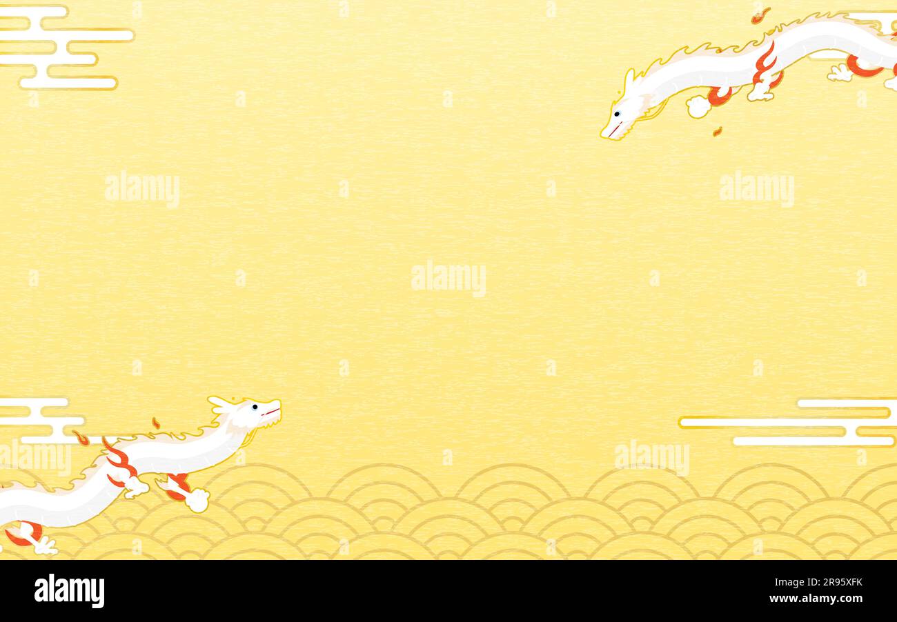 Neujahrsbild von zwei Drachen (Schlangen), die im Himmel auf einem japanischen Hintergrund fliegen, Jahr des Drachen 2024, Vektorillustration Stock Vektor