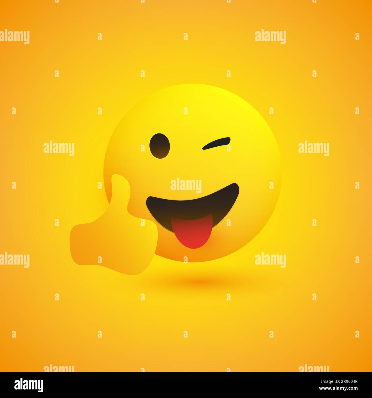 Lächelnder Emoji auf gelbem Hintergrund – einfaches Happy Emoticon mit zwinkerndem Auge und ausgestreckter Zunge Zeigen Sie Daumen nach oben – Vektordesign-Konzept Stock Vektor