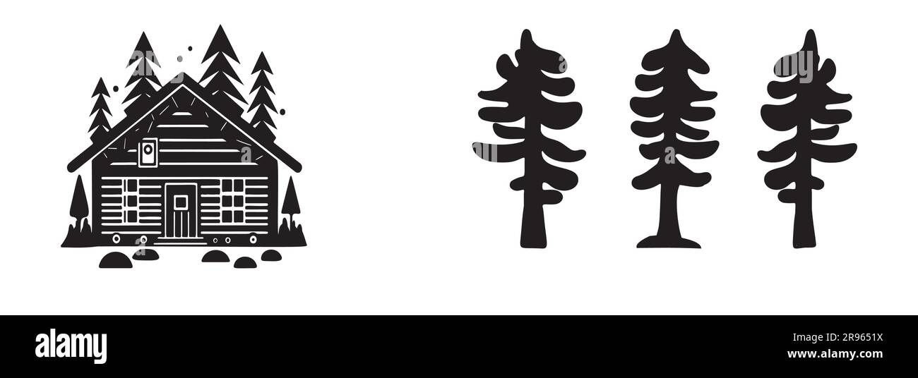 Eine Reihe von Vektordarstellungen für Holzhütten und Tannenbäume. Maskuline Outdoor-Reise im nordischen Linocut-Chalet in skandinavischer Urlaubsgruppe Stock Vektor