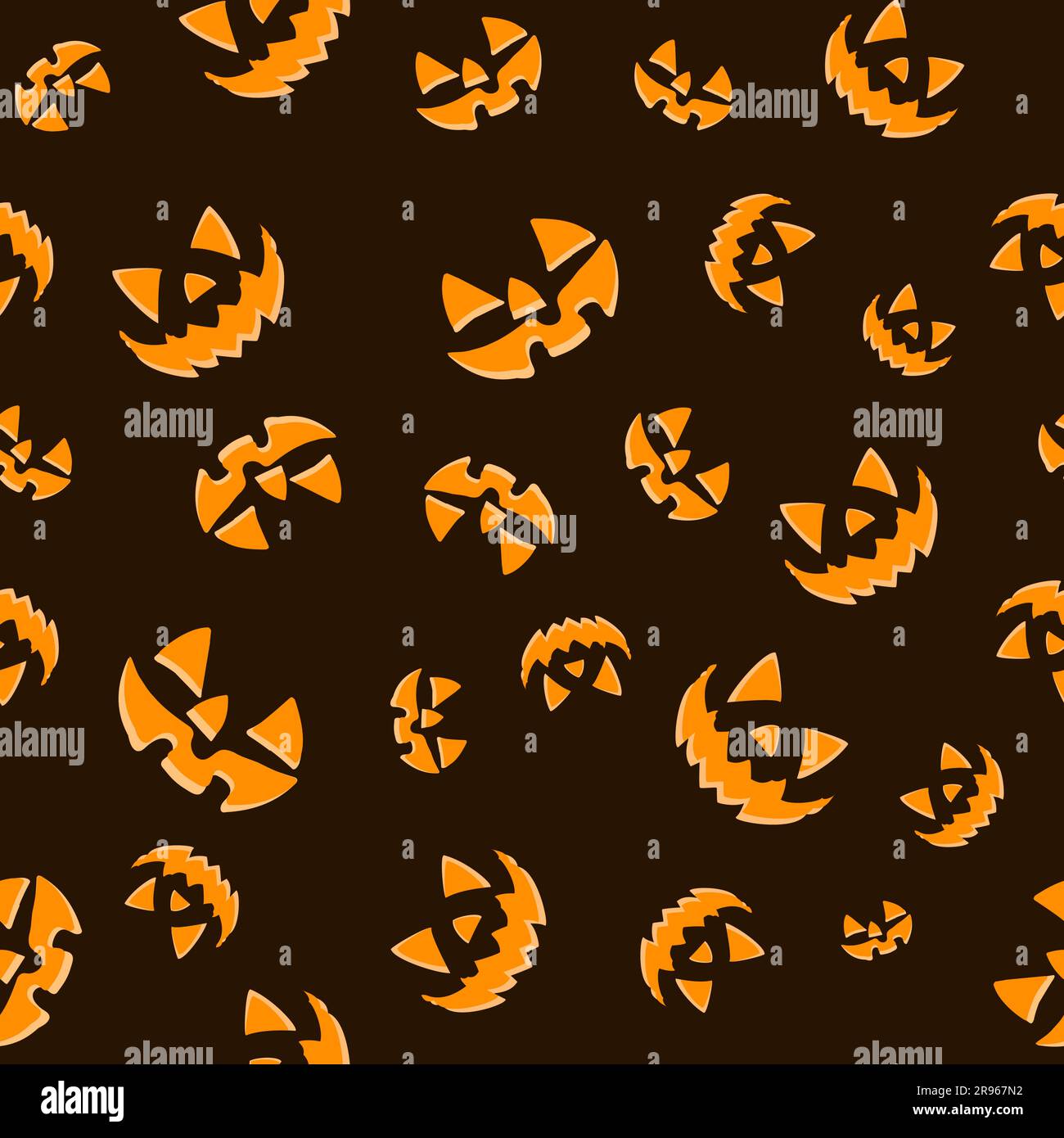 Halloween-Kürbisse mit nahtlosem Muster. Flache Kürbisse mit gemeißelten lächelnden Gesichtern. Frohes Halloween-Buh. Vektordarstellung auf braunem Hintergrund Stock Vektor