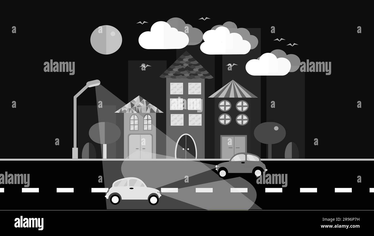 Eine schwarz-weiße Nachtstadt, eine kleine Stadt in flachem Stil mit Häusern mit einem schrägen Fliesendach, Autos mit Lichtern, Bäumen, Vögeln, Wolken, mond, Straße, g Stock Vektor