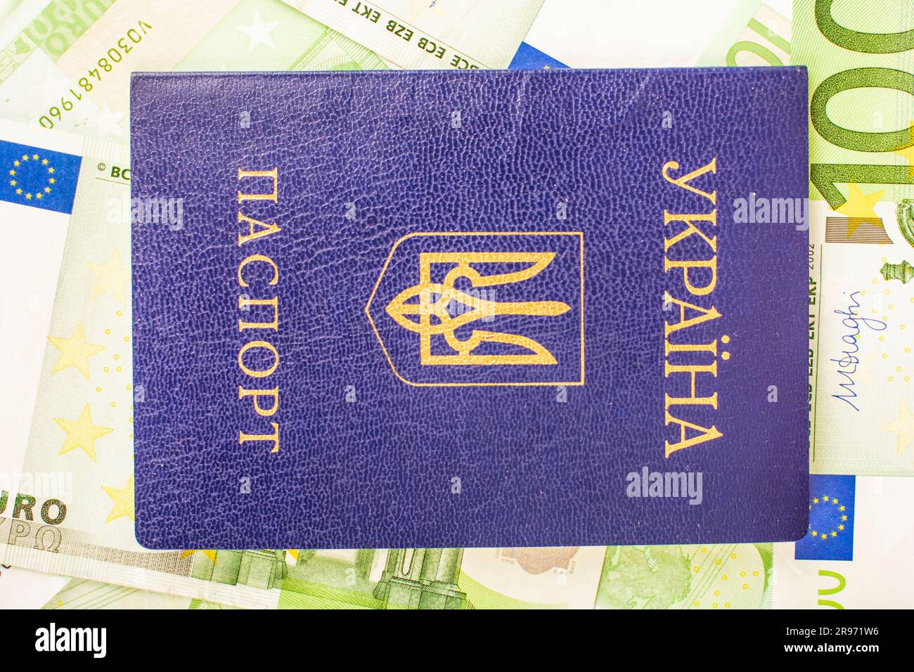 Ukrainischer Pass vor dem Hintergrund von Euro-Konten mit einer Stückelung grüner Scheine von 100 Euro Stockfoto
