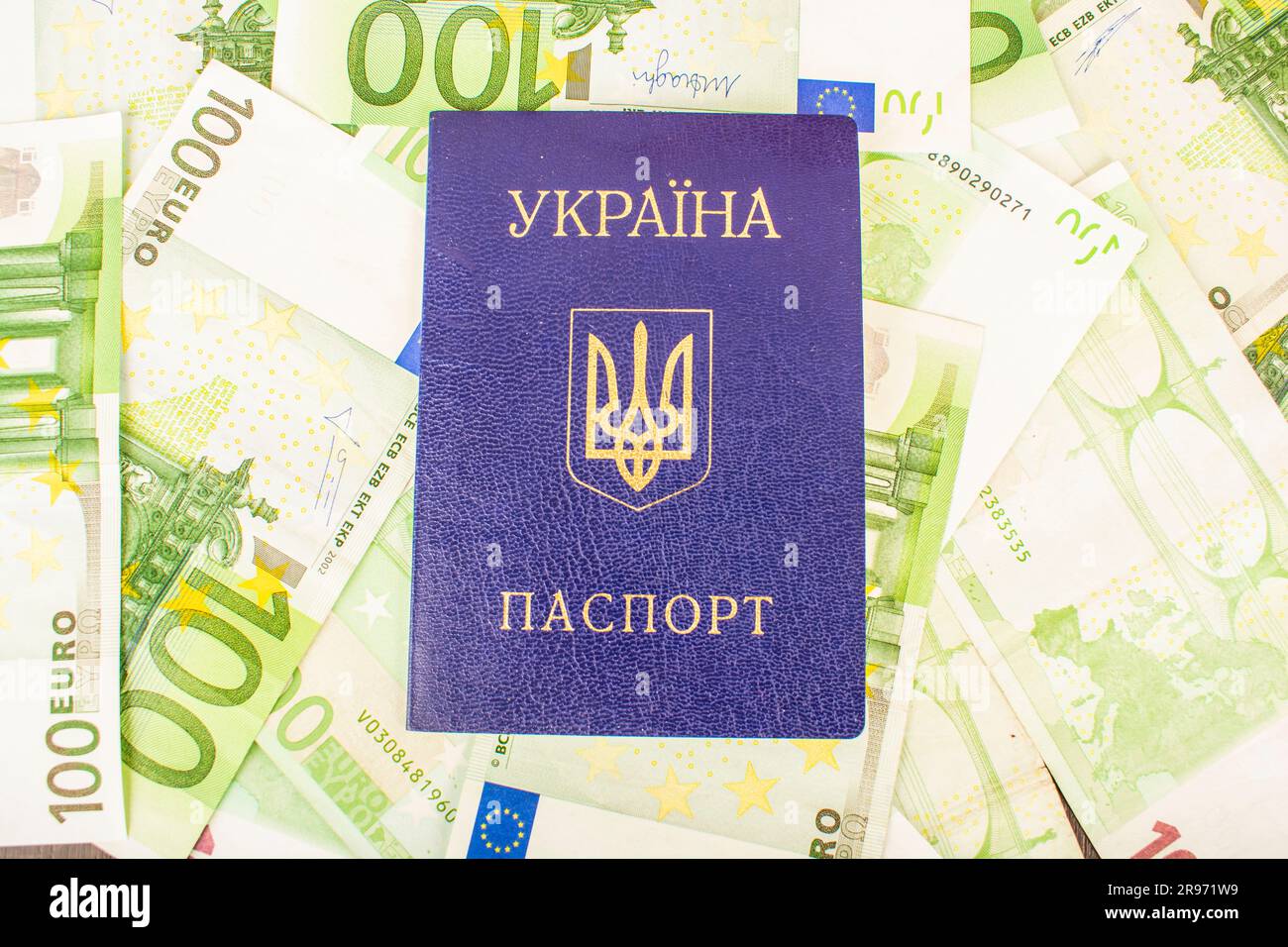 Ukrainischer Pass vor dem Hintergrund von Euro-Konten mit einer Stückelung grüner Scheine von 100 Euro Stockfoto