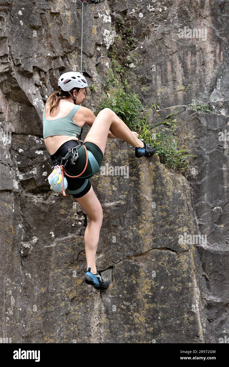 Juni 2023 - Felsklettern in Cheddar Gorge, Somerset, Großbritannien. Stockfoto