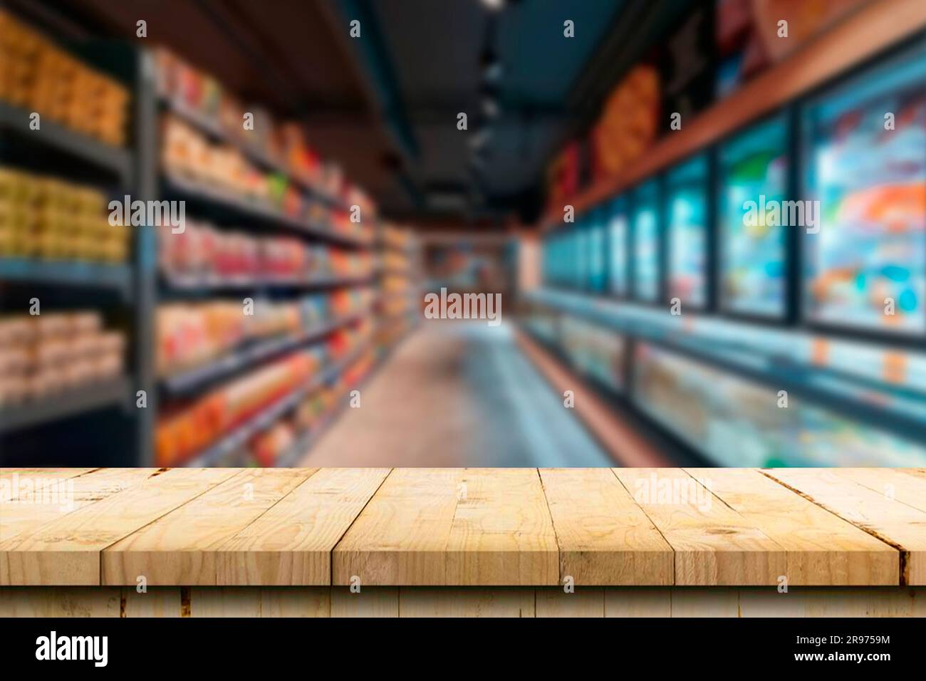 Leere Holztischplatte auf verschwommenen Marktfrüchten. Können montieren oder zeigen Sie Ihre Produkte auf dieser Arbeitsplatte im Geschäft Stockfoto