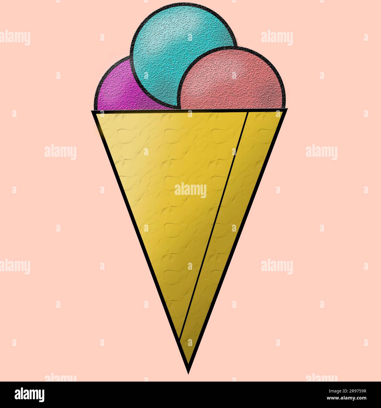 Auf einem rosa Hintergrund aus einem Eiskegel mit drei bunten Kugeln. Stockfoto