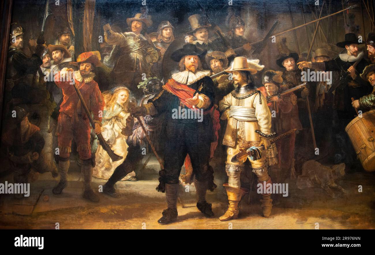 Rembrandt-Gemälde hießen Nachtwache im Rejksmuseum in Amsterdam. Stockfoto