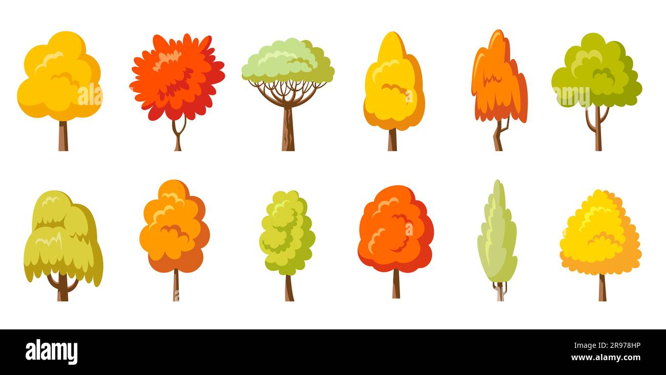 Baumset im Herbstpark. Fallgelbe Pflanzen, Seitenansicht. Arboretum Weideneiche Pappelbirke. Cartoon mit verschiedenen Orangenwäldern. Botanischer Naturgarten Ahorn Aspen Alder Asche Linden Akazienkastanie Ulme Stock Vektor