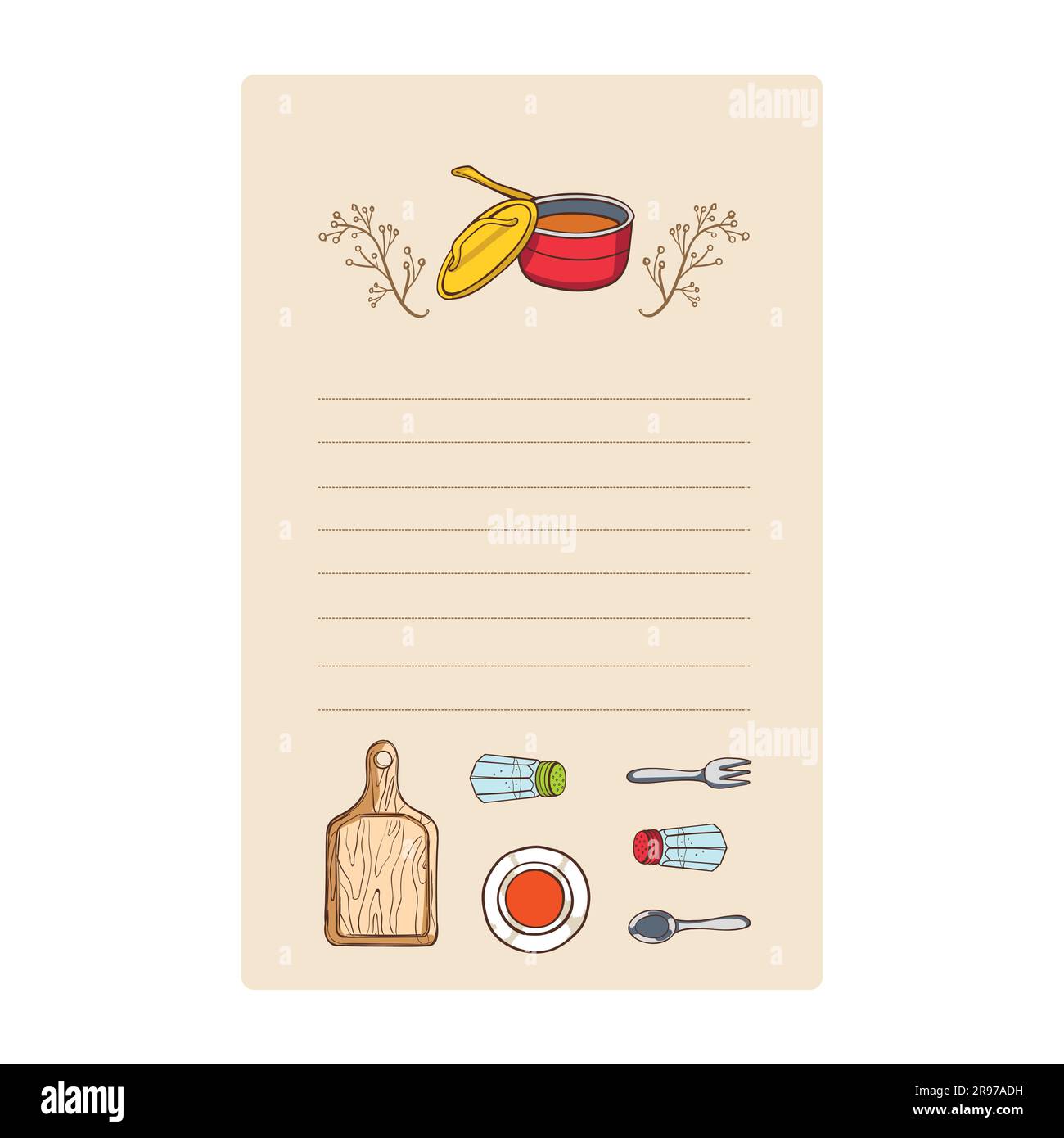 Rezeptkarte mit Küchenutensilien. Handgezeichnete Vektordarstellung. Stock Vektor