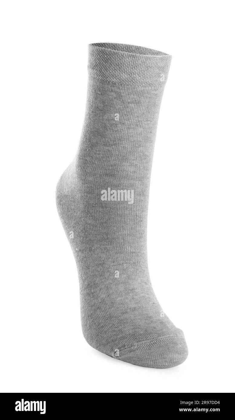Eine hellgraue Socke isoliert auf weiß Stockfoto