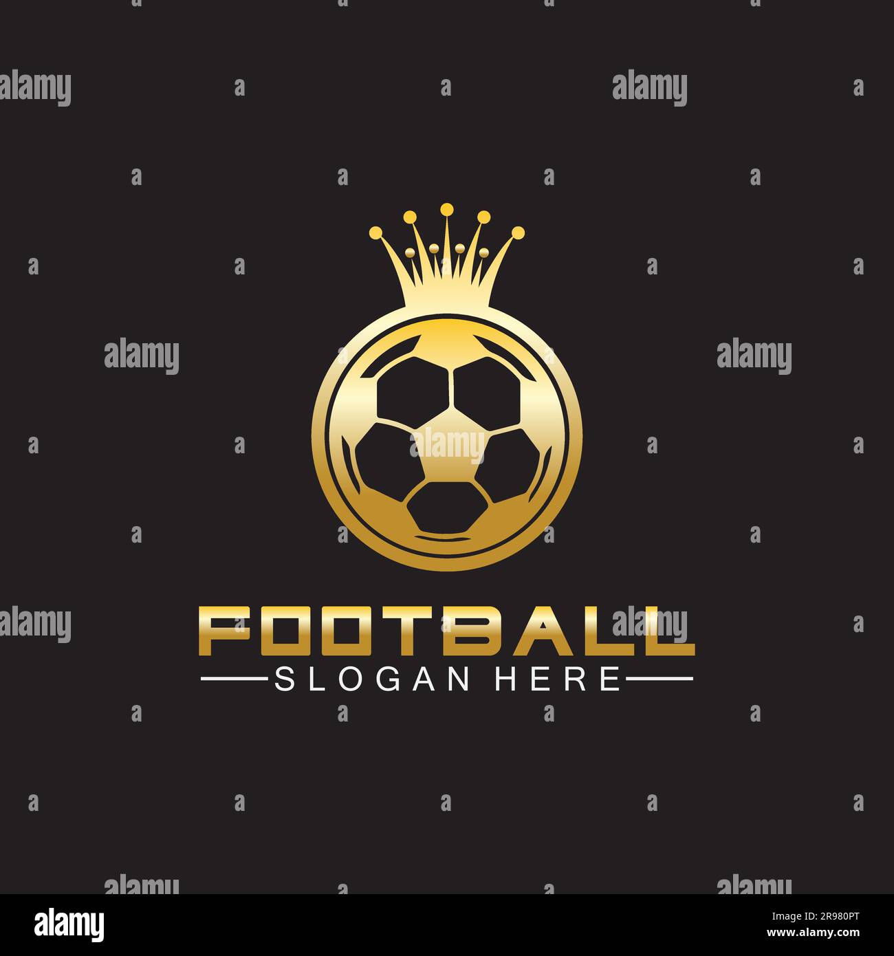 Luxuriöses goldenes Fußball-King-Logo auf schwarzem Hintergrund Stock Vektor