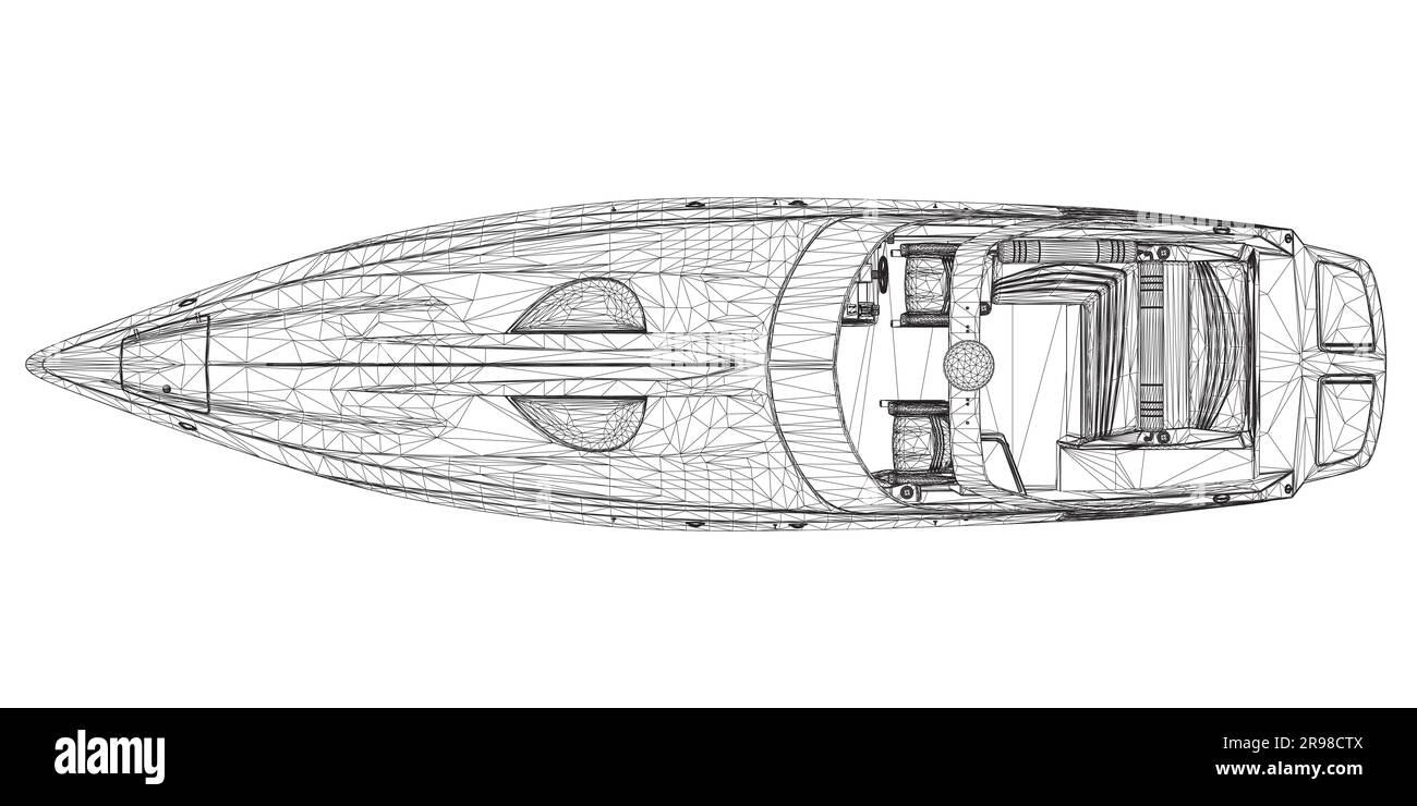 Darstellung des isolierten Vektors von Wireframe Speedboat. Luxuriöses und teures Boot. 3D. Stock Vektor