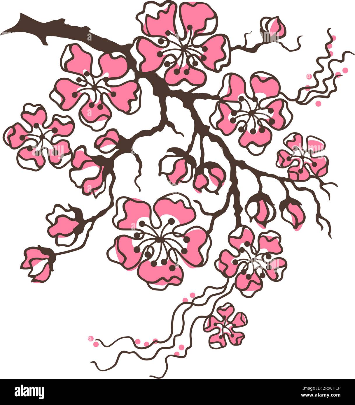 Kirschblüte, Sakura. Zweig mit Blumen. Handgezeichneter Vektorclipart, isoliert auf weiß. Stock Vektor