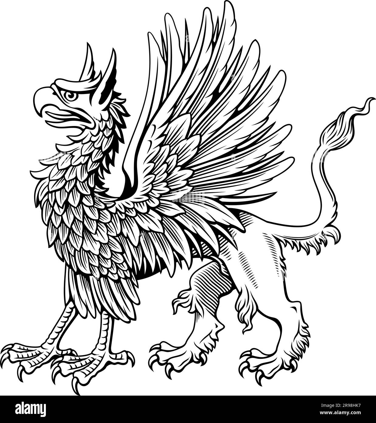 Stehender Heraldic Griffin. Tintenstil Gravurvektor Clipart. Alle weißen Teile sind zum Ausmalen erhältlich. Stock Vektor