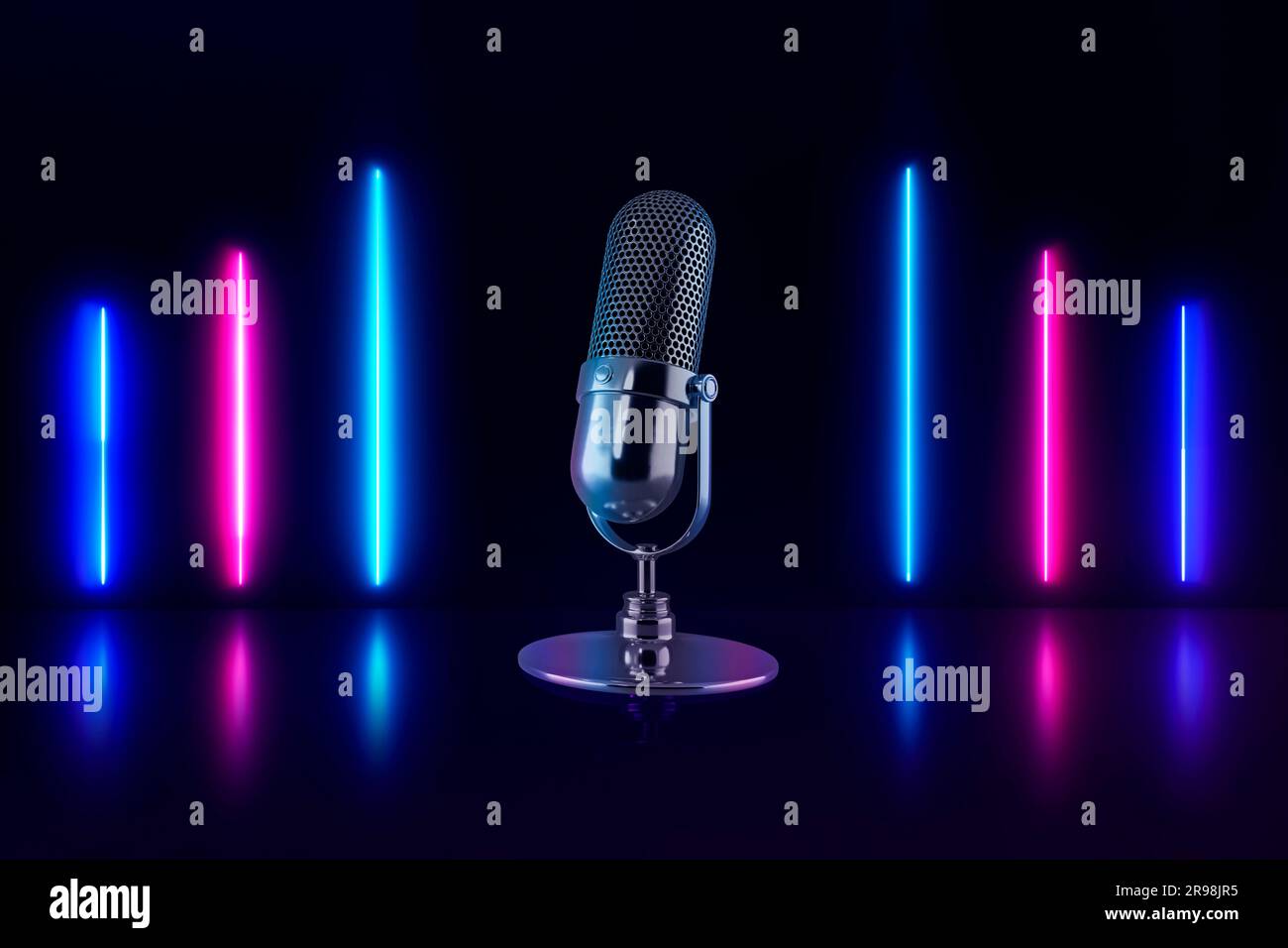 Mikrofon auf abstraktem Neonhintergrund mit bunten Lichtstrahlen und hellem Laser. Podcast, Live, Streaming, Inhalte für YouTuber. 3D-Rendering. Stockfoto