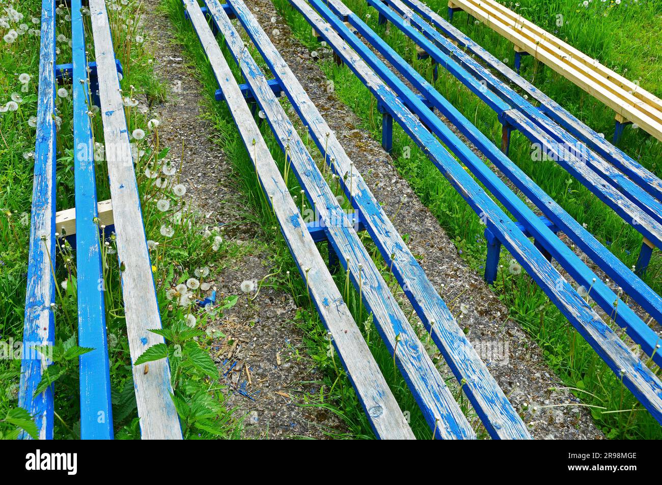 Vier Holzbänke sind blau lackiert, eine ist lackfrei Stockfoto