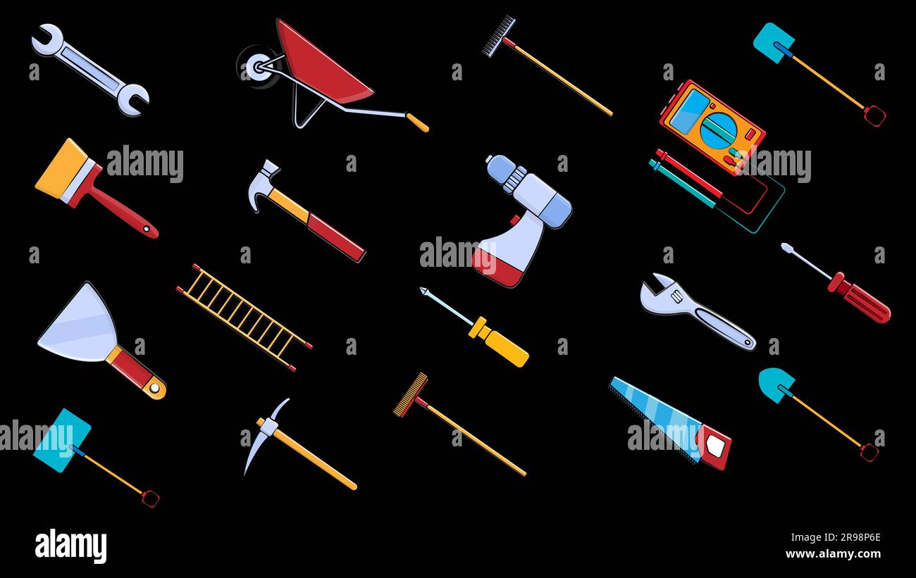 Ein großer Satz von Symbolen für Bau, Sanitär, Garten, Reparatur, Werkzeuge: Schaufel, Schraubenschlüssel Multimeter, Säge, Hammer, Bürste, Mopp, Rechen, Trolley, Spachtel, Stock Vektor