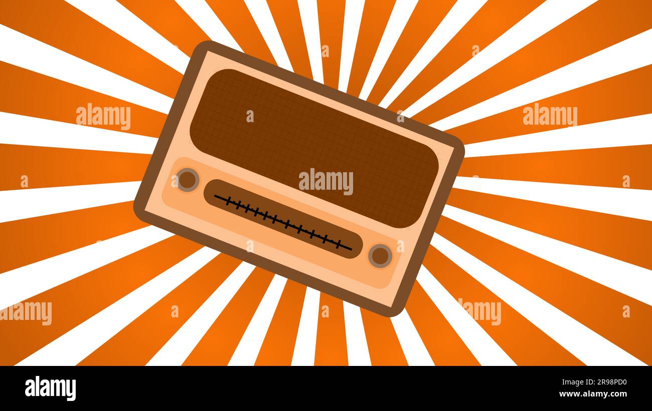 Braun mit gelbem, altem Retro-Antiquitäten-Vintage rechteckiges erstes Hipster-Radio, Musik-Radioempfänger mit rundem Krutelkami auf braunem Hintergrund Stock Vektor