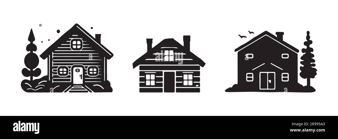 Eine Reihe von Vektordarstellungen für Holzhütten und Tannenbäume. Maskuline Outdoor-Reise im nordischen Linocut-Chalet in skandinavischer Urlaubsgruppe Stock Vektor