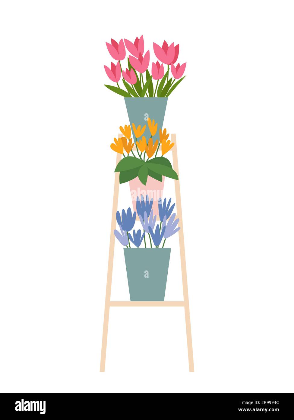 Blumensträuße auf Holztreppe Stock Vektor