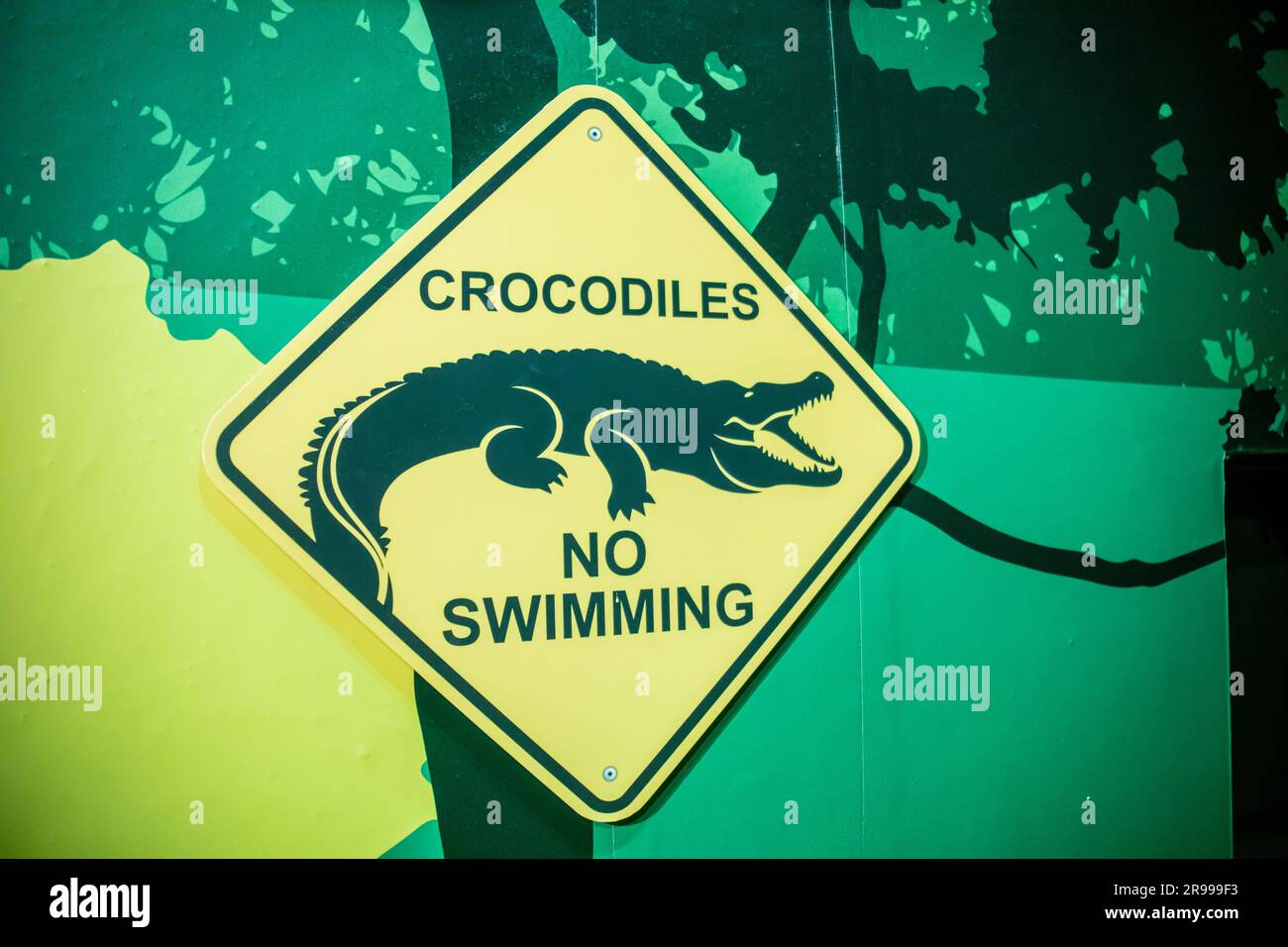 Das Warnschild „Corcodiles: No Swim“ im Wild Life Sydney Zoo. Ein Wildpark im Darling Harbour-Viertel. Eröffnet im September 2006. Stockfoto