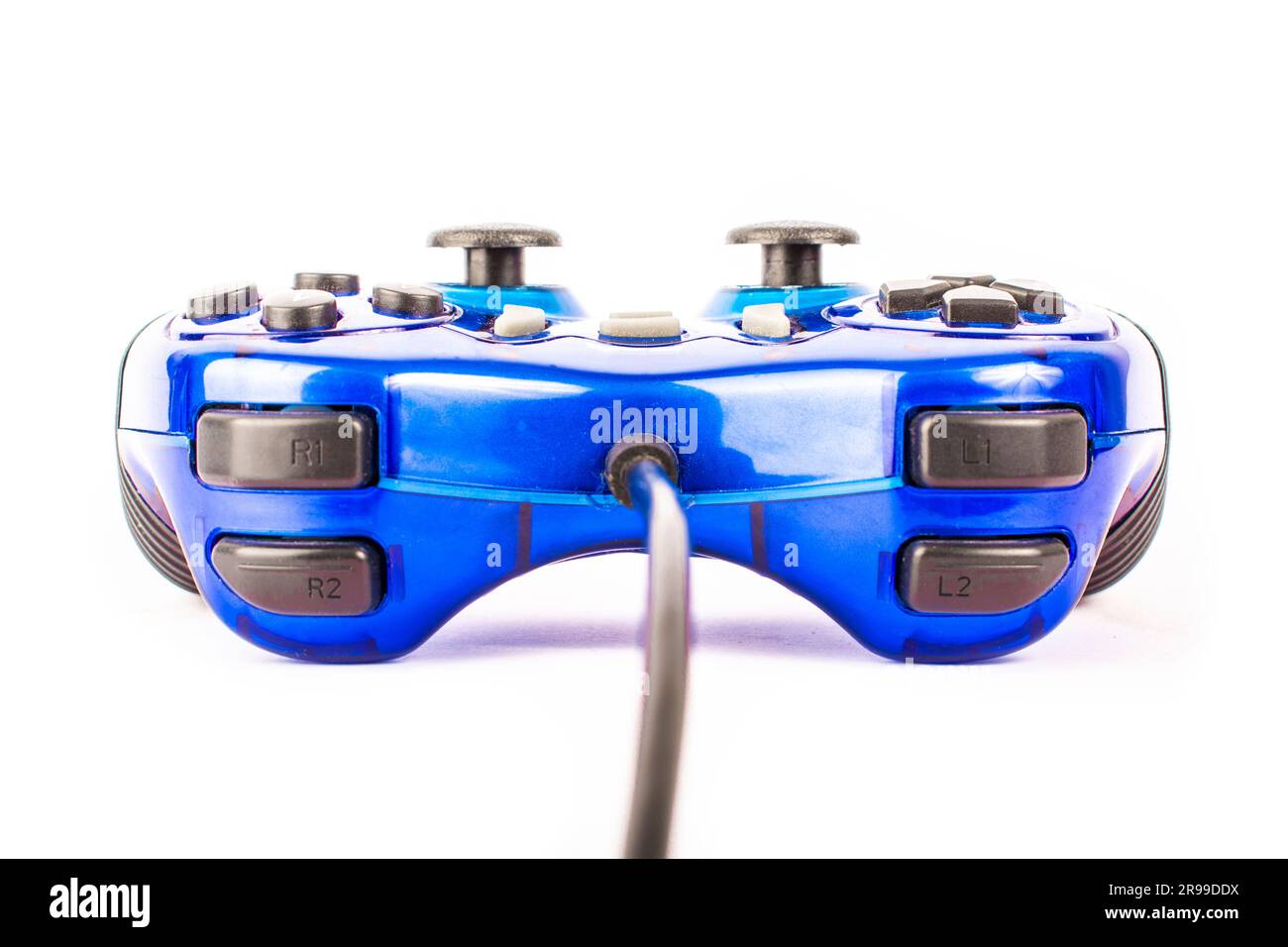 Der isolierte blaue Joystick für Controller und Videospiel auf weißem Hintergrund Stockfoto