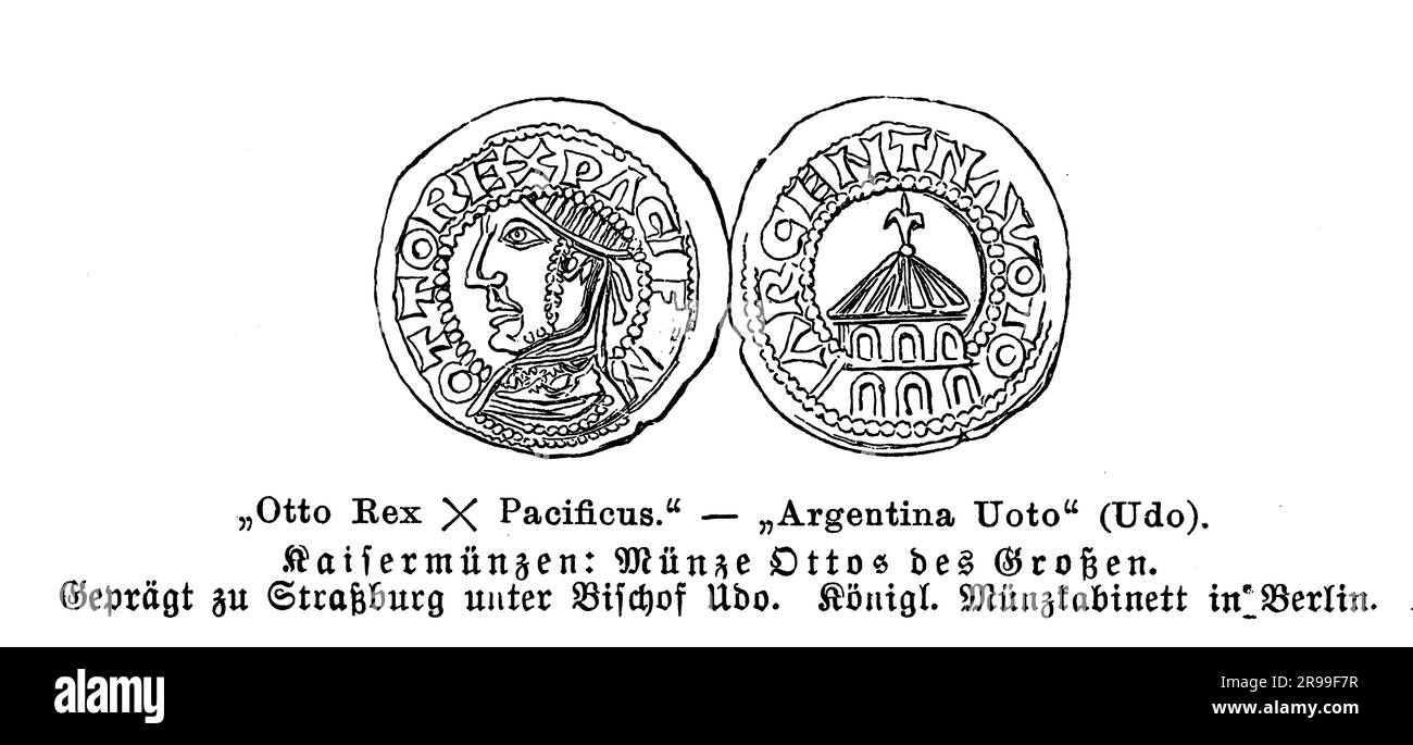 Königliche Münze von Otto, dem Großen Heiligen Römischen Kaiser, der alle deutschen Stämme in einem einzigen Königreich vereinigte, und Bischof Udo von Straßburg, geprägt in Strabourg aus dem 10. Jahrhundert Stockfoto