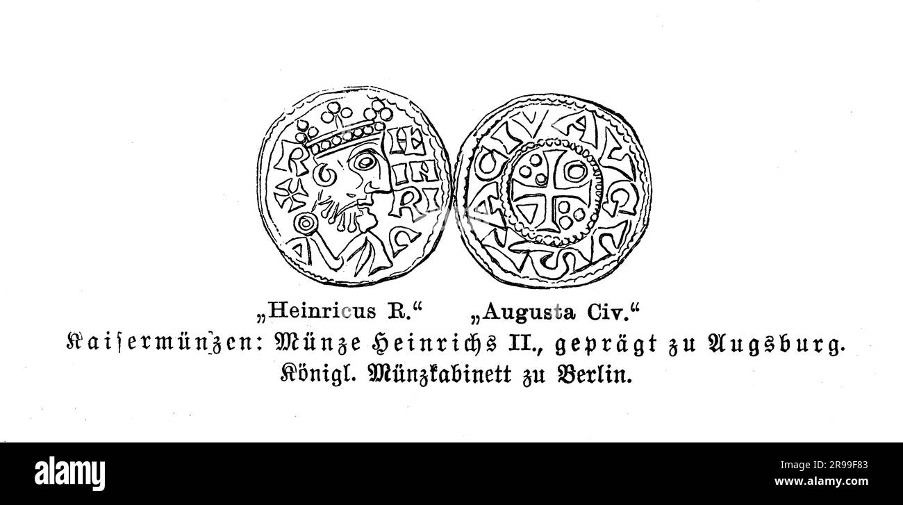 Königliche Münze Heinrich II. Heiliger römischer Kaiser geprägt in Augsburg, 11. Jahrhundert Stockfoto