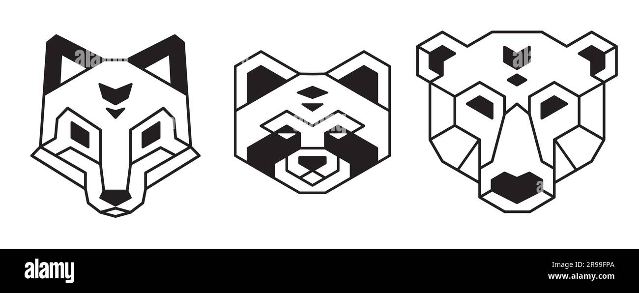 Stilisierte geometrische Tierköpfe (Bär, Wolf oder Fuchs und Waschbär) im polygonalen Drahtmodell-Stil. Tattoo-Design, Logo-Kunst, Vektorzeichnung. Stock Vektor