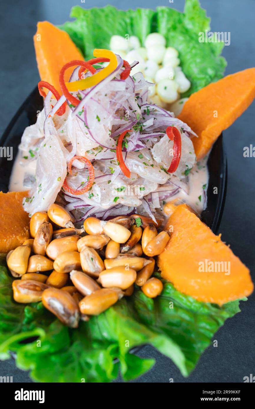 Blick von oben auf ein typisches Gericht der lateinischen Küche. Peruanische Ceviche. Stockfoto