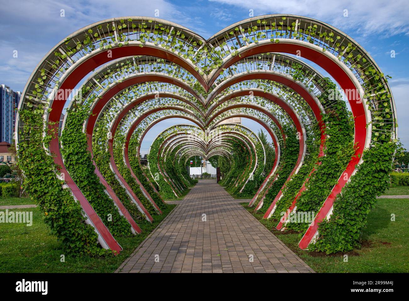 Herzförmiger Bogen im Blumenpark. Grosny, Tschetschenische Republik Stockfoto