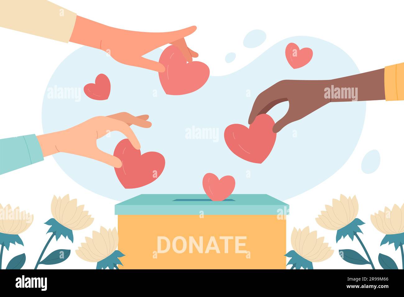 Hände von Menschen spenden. Freiwillige schenken Herzen für eine Spendenbox mit flachen Vektorbildern. Hoffnung, Solidarität, Hilfe für Flüchtlinge Stock Vektor