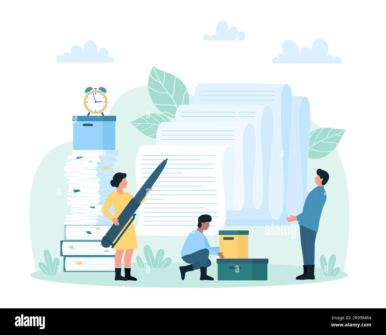 Bürokratie und Bürokratie, Dokumentationsmanagement und Verwaltungsvektordarstellung. Zeichentrickfilme, winzige Menschen, die einen großen Stift halten, um lange Geschäftsberichte, Verträge und Papierdokumente zu unterzeichnen Stock Vektor