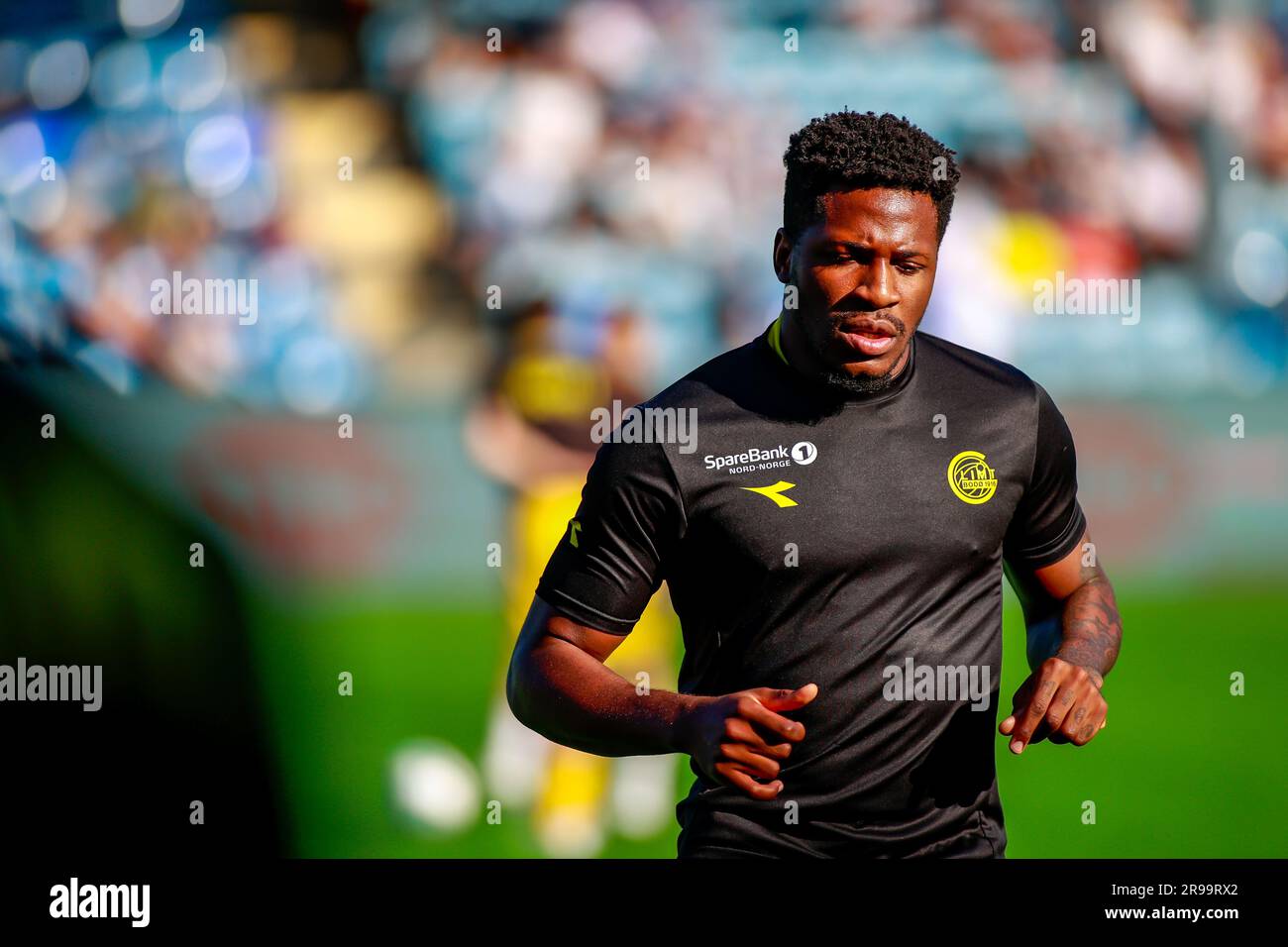 Drammen, Norwegen, 25. Juni 2023. Bodø/Glimts Faris Pemi beim warm Up vor dem Spiel zwischen Strømsgodset und Bodø/Glimt im Marienlyst-Stadion in Drammen. Quelle: Frode Arnesen/Alamy Live News Stockfoto