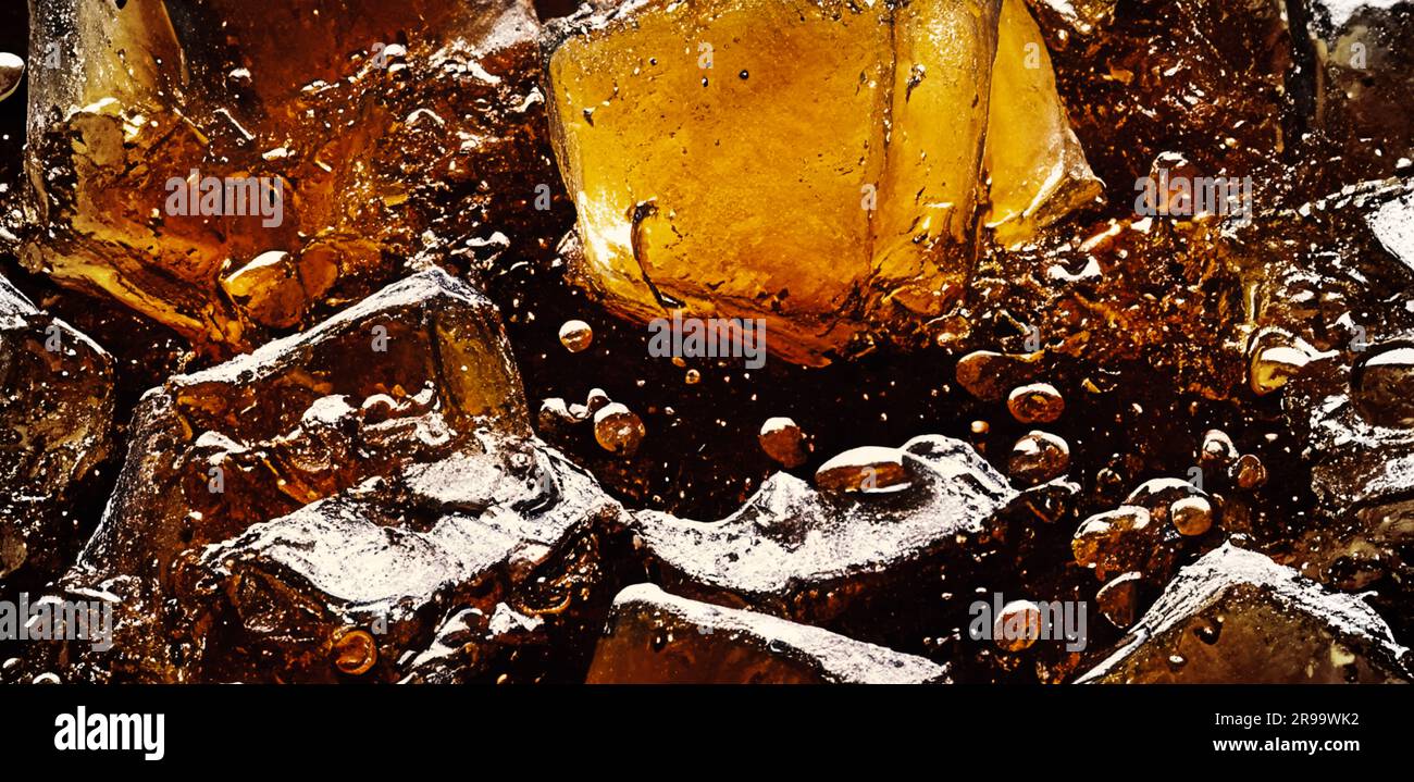 Cola mit Eis, Nahaufnahme der Eiswürfel in Cola-Wasser. Konsistenz des Karbonatgetränks mit Glasblasen. Cola Limonade und Eisspritzer, sprudelnd oder schwimmend Stockfoto