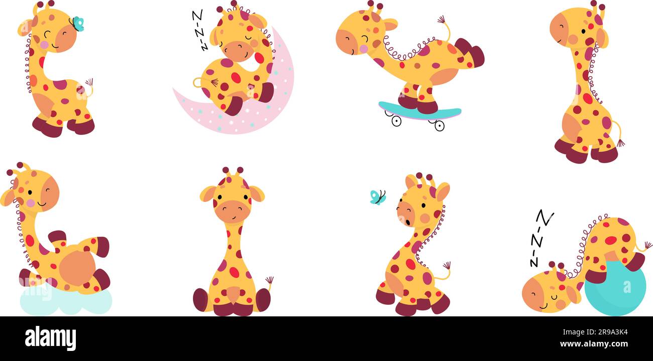 Cartoon-Giraffen-Figuren. Süße Giraffen in verschiedenen Posen. Kleines Baby, das spielt und schläft. Safari-Zoo, exotkisches Tier heutzutage, Vektorset Stock Vektor